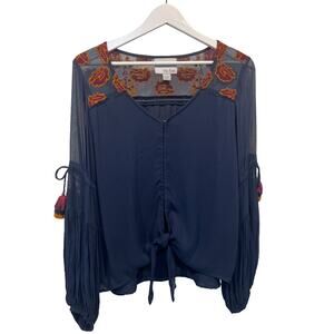 Chloe Oliver Top Wmns Small Embroidered Blouson Tassel Sleeve Lined Boho Blouse